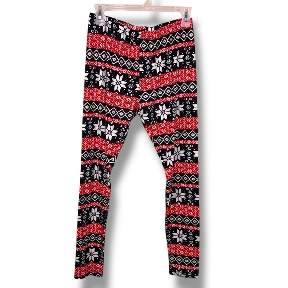 Large Juniors Nordic Winter Festive Leggings Black Red White Holiday Fair Isle